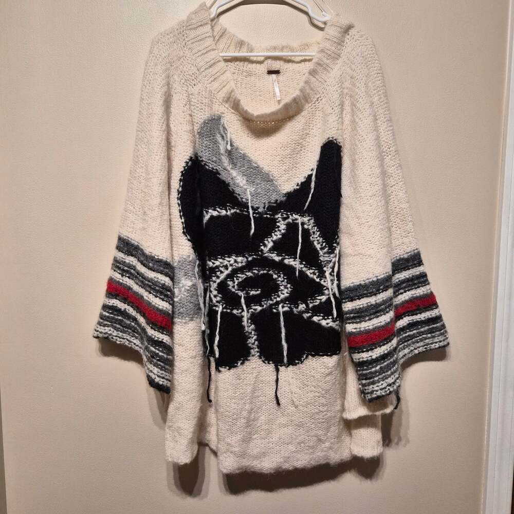Free People XS Last Rose Sweater Alpaca Oversized Cream Red Black Distressed